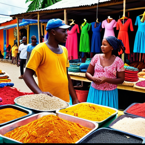 Home 4 **Prompt:** A vibrant and colorful Haitian marketplace filled with local art, handicrafts, and traditional goods. Focus on the bright colors and the energy of the vendors and customers interacting. Include details that showcase Haitian culture.
