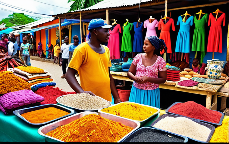 **Prompt:** A vibrant and colorful Haitian marketplace filled with local art, handicrafts, and traditional goods. Focus on the bright colors and the energy of the vendors and customers interacting. Include details that showcase Haitian culture.
