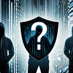 **Data Privacy Concerns:** A digital cityscape with fragmented data streams, shadowed figures representing hackers, and a shield icon overlaid with a question mark, symbolizing uncertainty around data security.