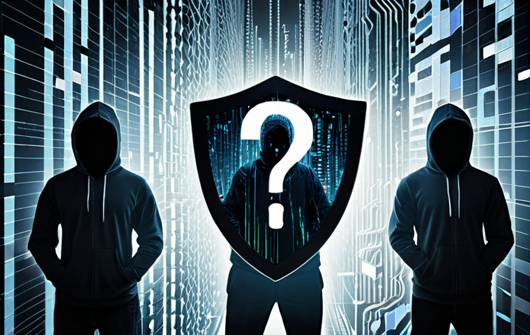 **Data Privacy Concerns:** A digital cityscape with fragmented data streams, shadowed figures representing hackers, and a shield icon overlaid with a question mark, symbolizing uncertainty around data security.